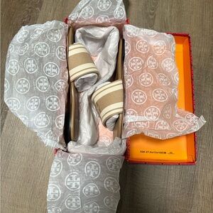 Tory Burch Beige and White Slides